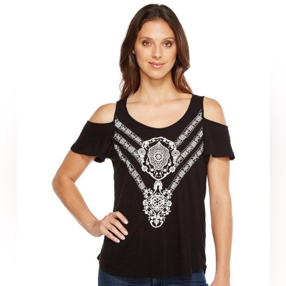 Lucky Brand Boho Whimsigoth Top Black Cold Shoulder Embroidered Flutter Sleeve